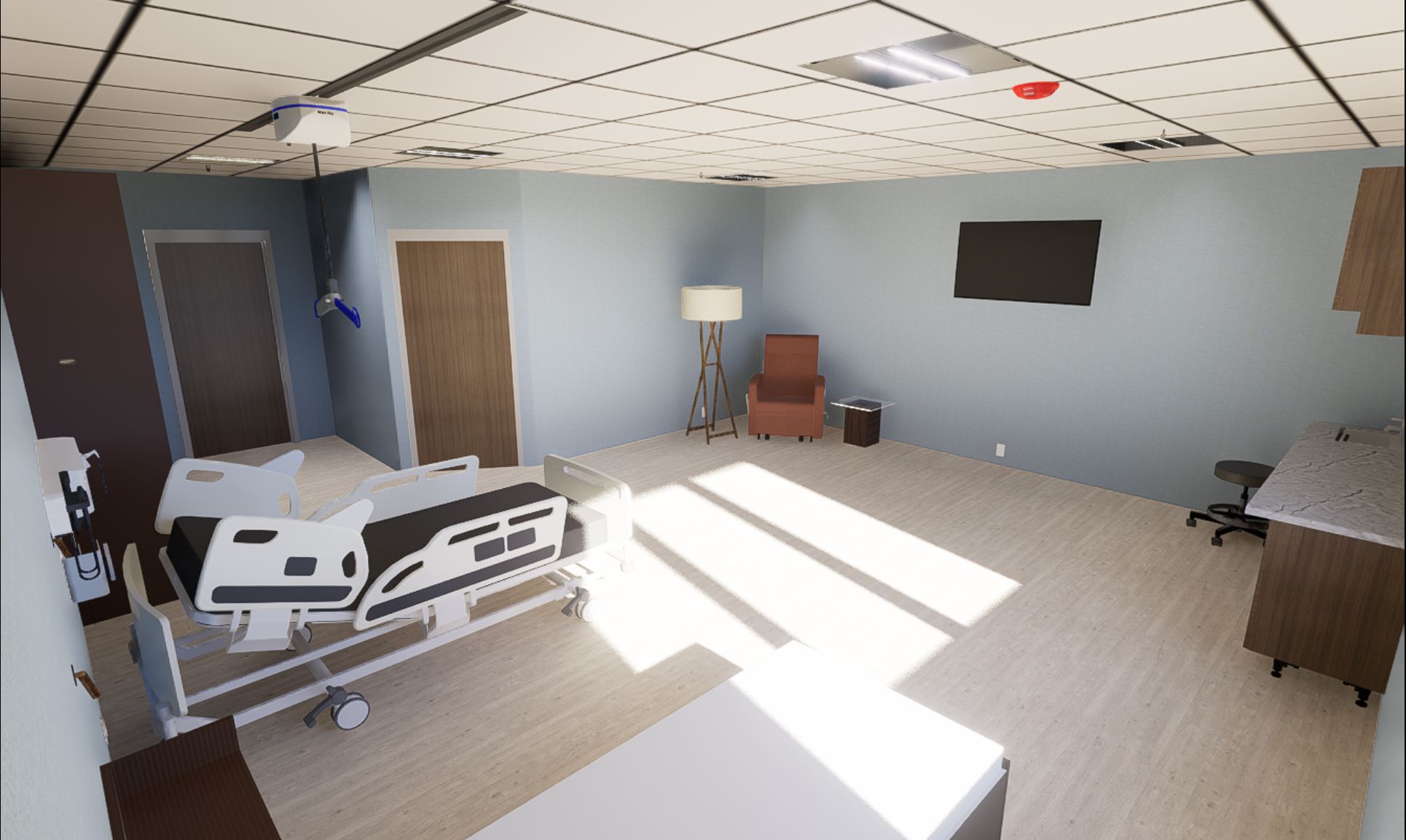 Hospital double bed room viewing door and seat and TV