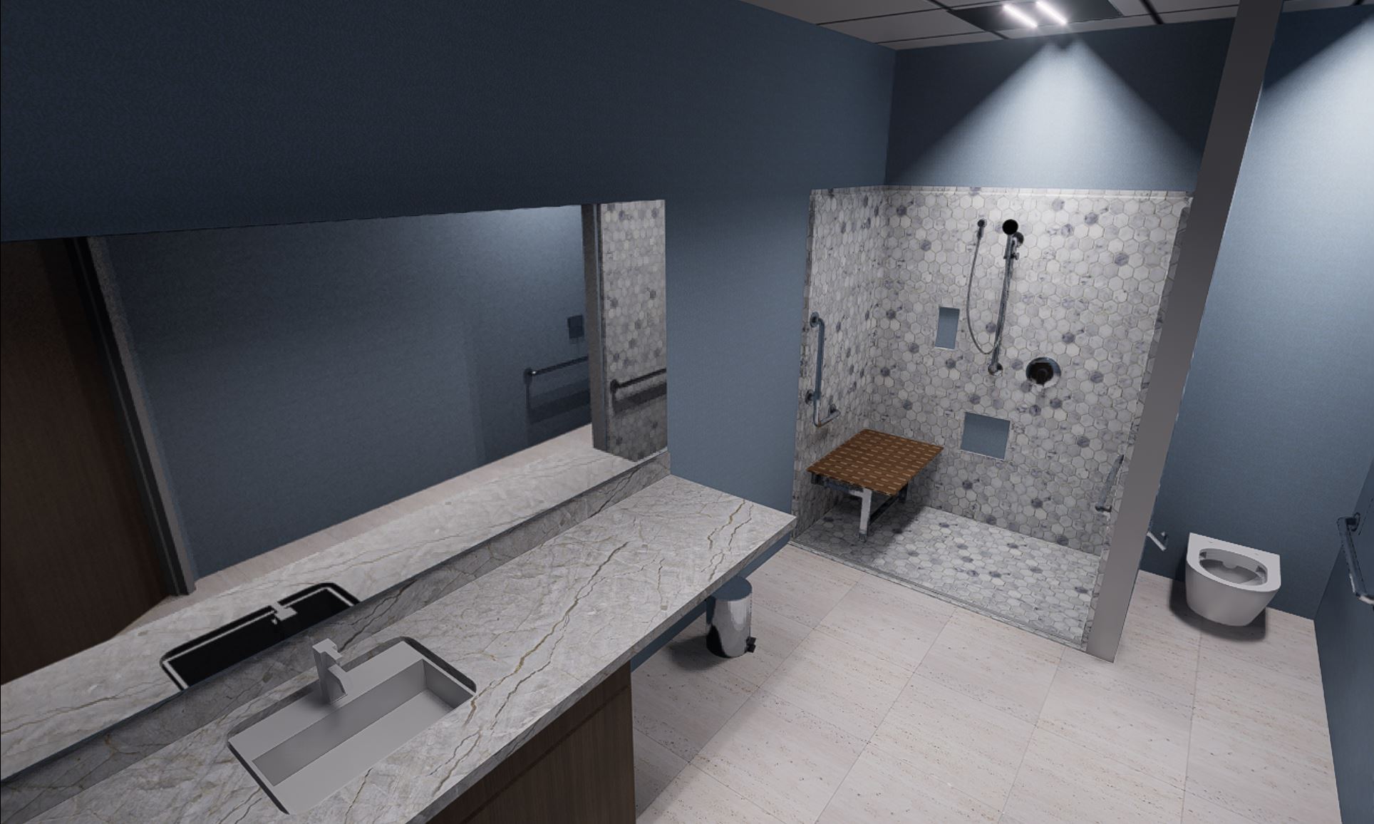 Hospital shower, mirror, sink, toilet view